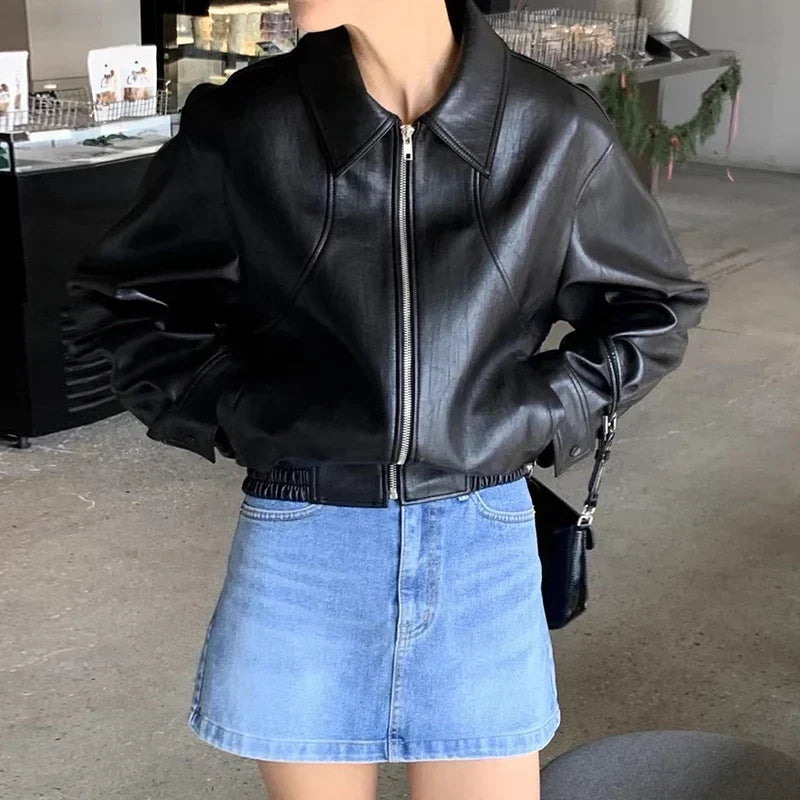 Chic Red Zipper PU Leather Coat