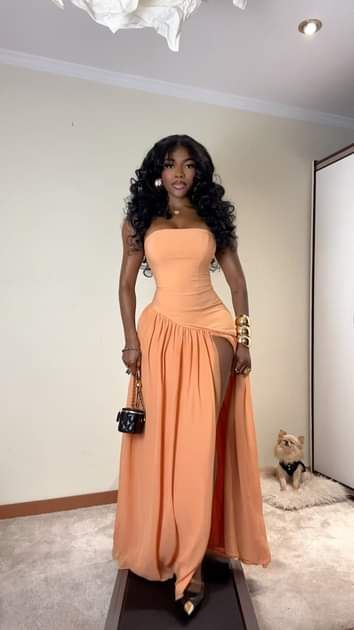 Stylish Strapless Orange Satin Chiffon High Slit Mermaid Prom Dress Long Evening Dress D1334