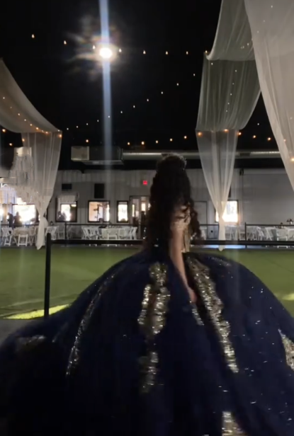 Gorgeous Navy Blue Off The Shoulder Tulle Sequin Sweet 16 Dress Formal Quinceanera Dress D1049