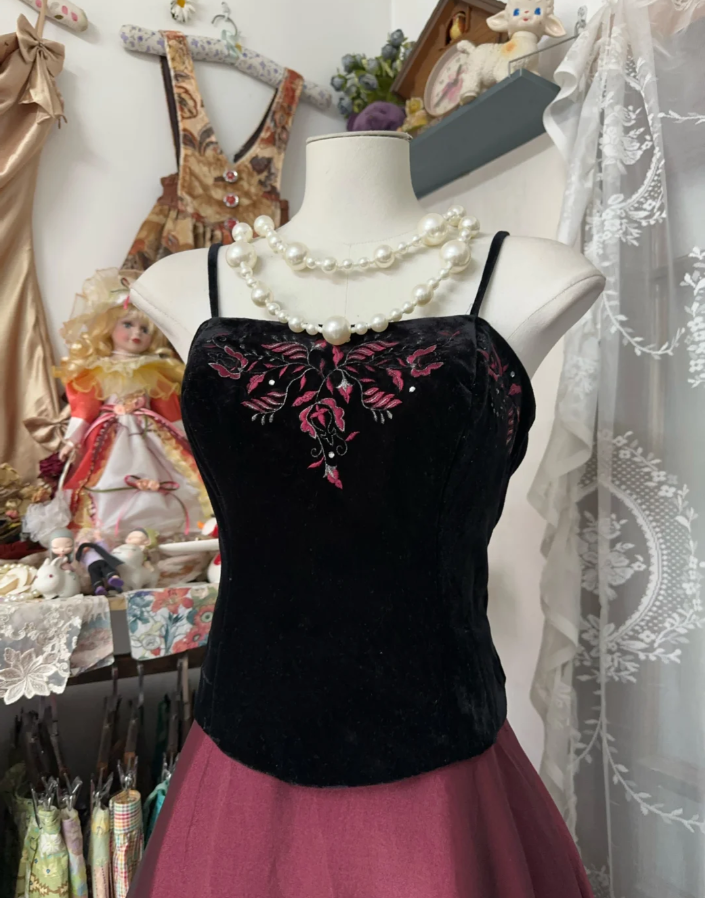 Vintage Burgundy Spaghetti Straps Organza Long Evening Dress Formal Birthday Party Gown D1756