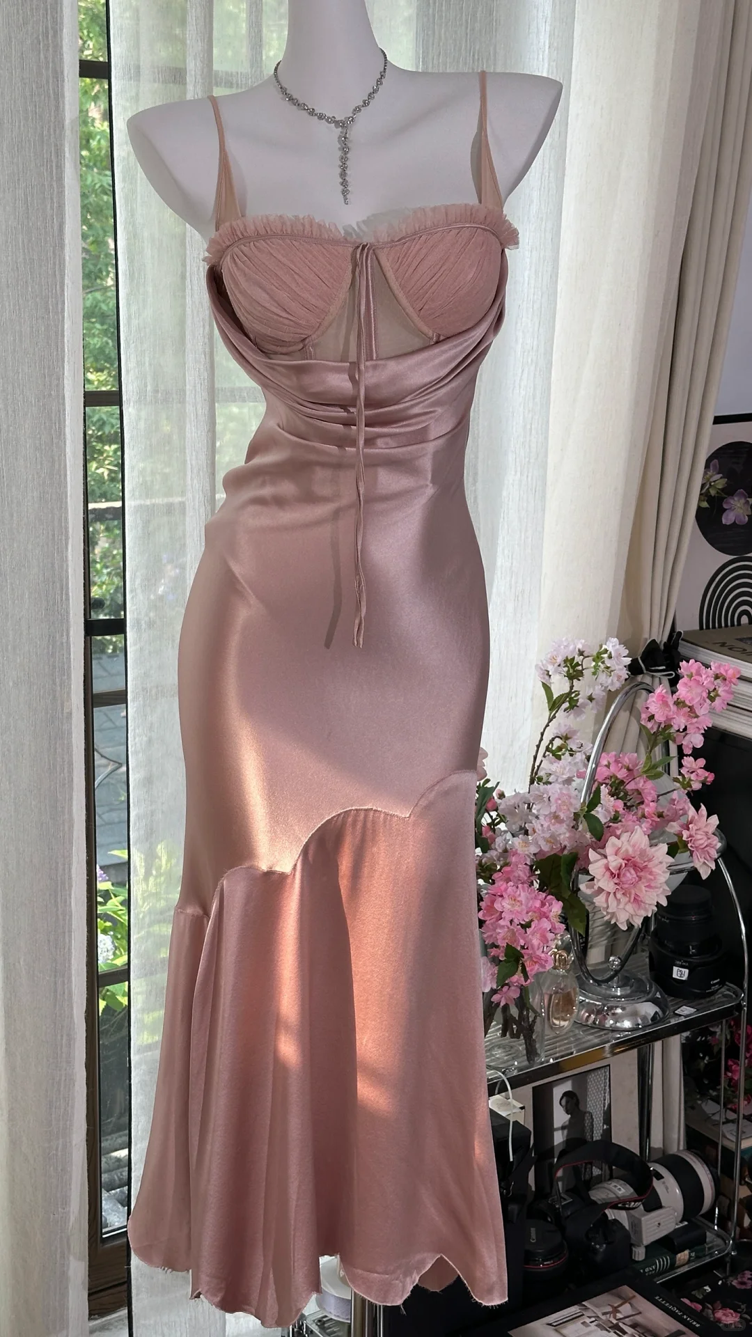 Elegant Spaghetti Straps Sweetheart Neck Pink Satin Mermaid Party Dress Long Birthday Prom Gown D1378