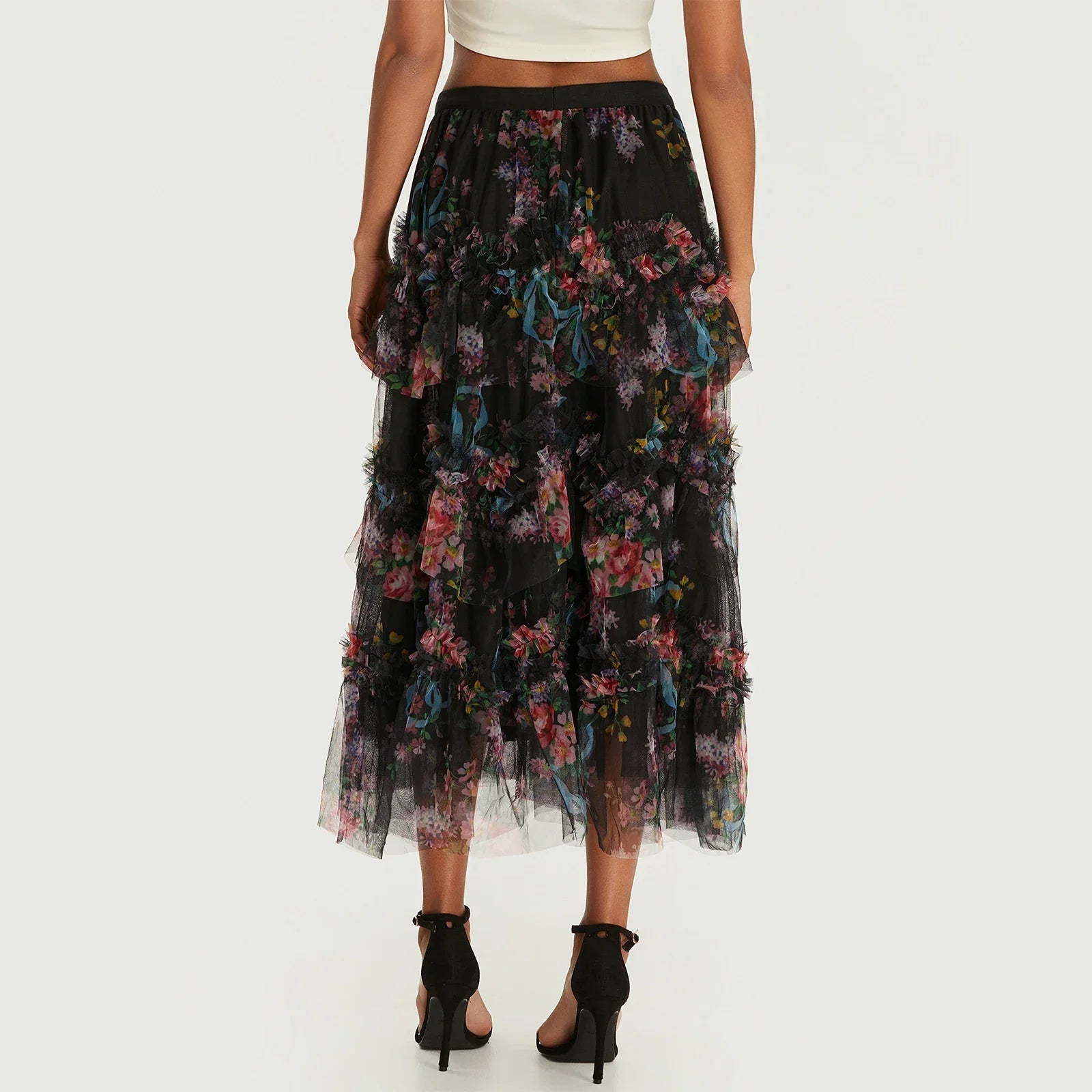 Early Fall Floral Print Ruffle Mesh Skirt Women A-line Midi