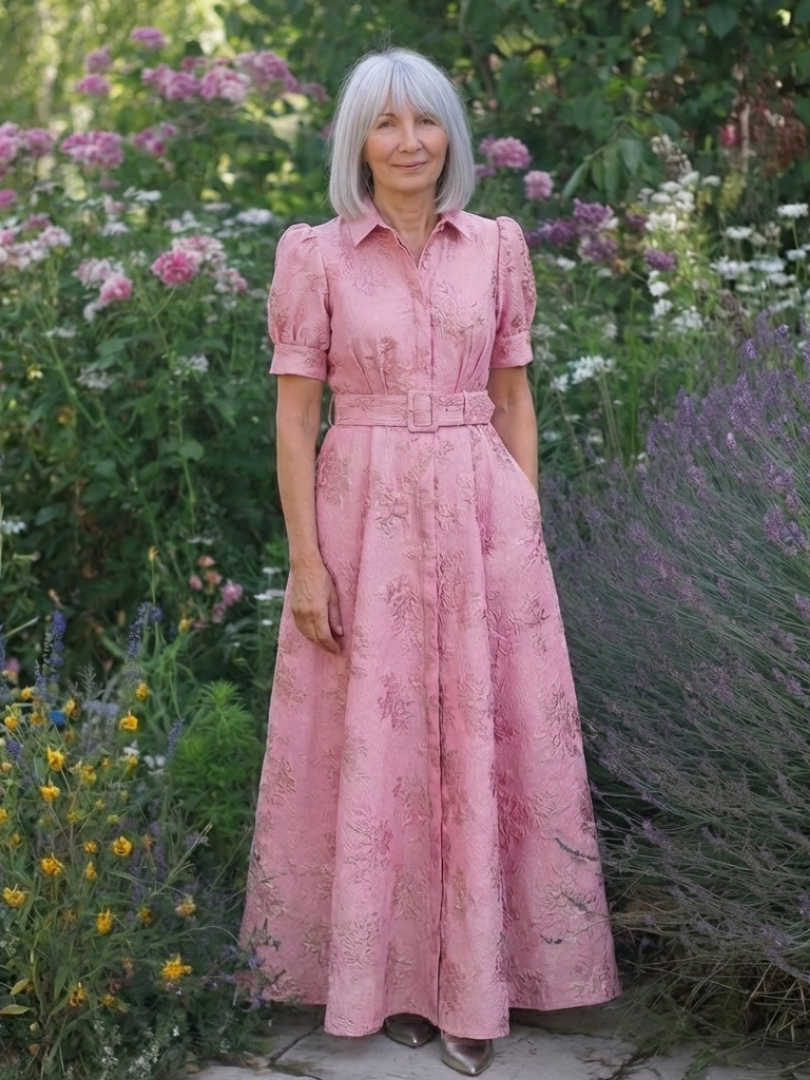 Floral Jacquard Collared Short Sleeve Belted A-Line Maxi Shirt Dress 10