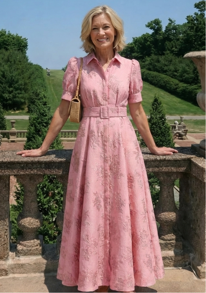 Floral Jacquard Collared Short Sleeve Belted A-Line Maxi Shirt Dress 7