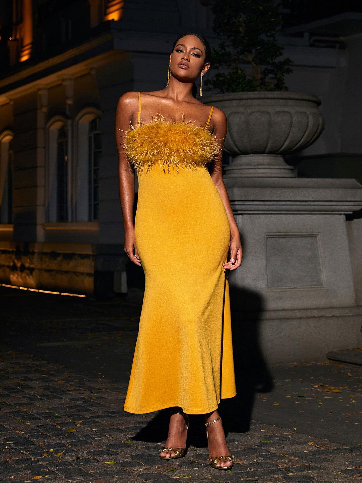 Effy Spaghetti Feather Maxi Dress In Yellow