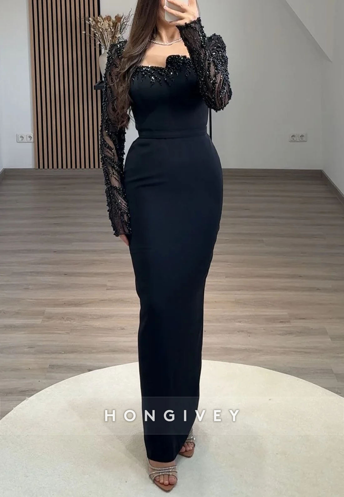 Column Asymmetrical Neck Evening Gown Long Sleeve Beading Ankle-Length Formal Dresses