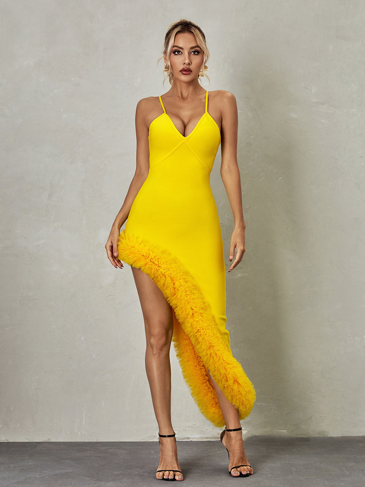 Spaghetti Strap Deep V-Neck Asymmetric Ruffle Bandage Midi Dress
