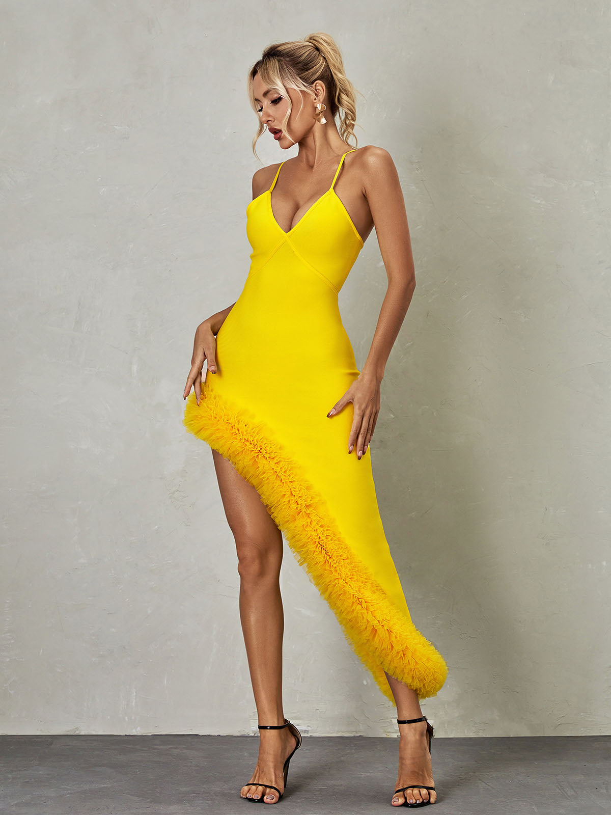Spaghetti Strap Deep V-Neck Asymmetric Ruffle Bandage Midi Dress - View 2