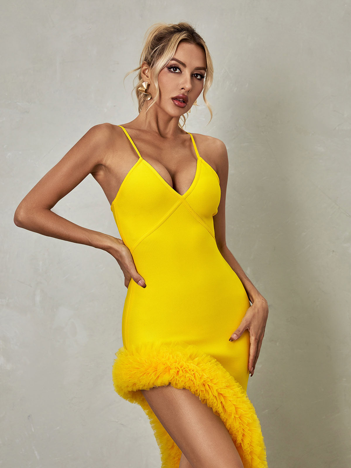 Spaghetti Strap Deep V-Neck Asymmetric Ruffle Bandage Midi Dress - View 4