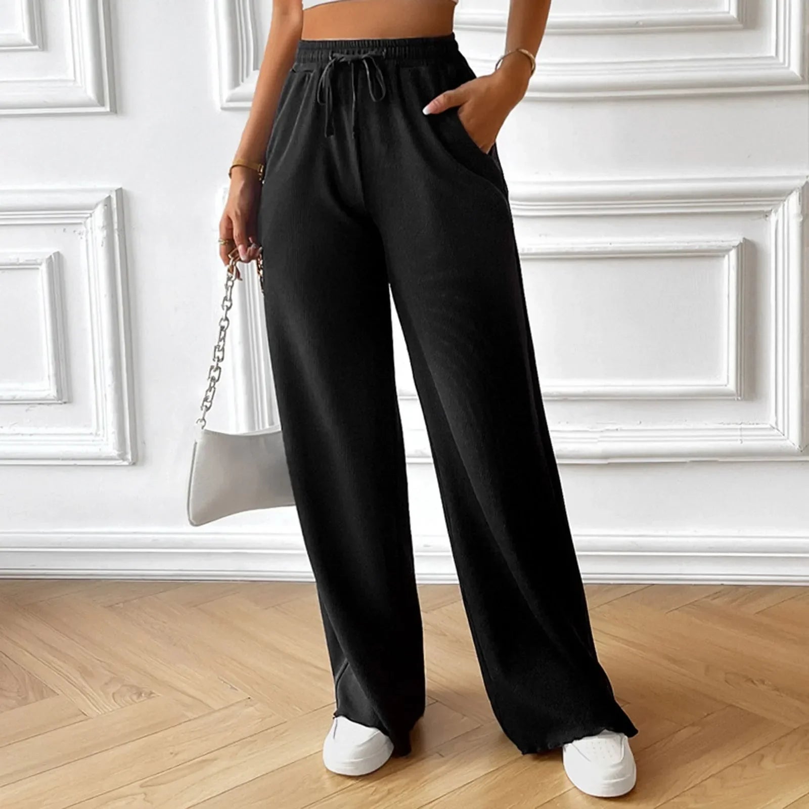 Elastic High Waist Linen Wide Leg Pants