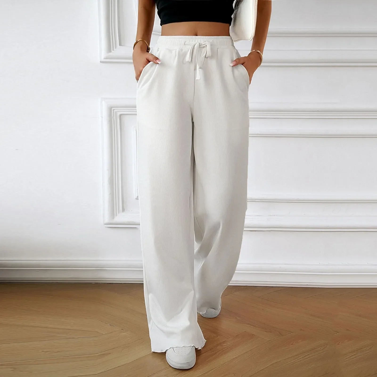 Elastic High Waist Linen Wide Leg Pants