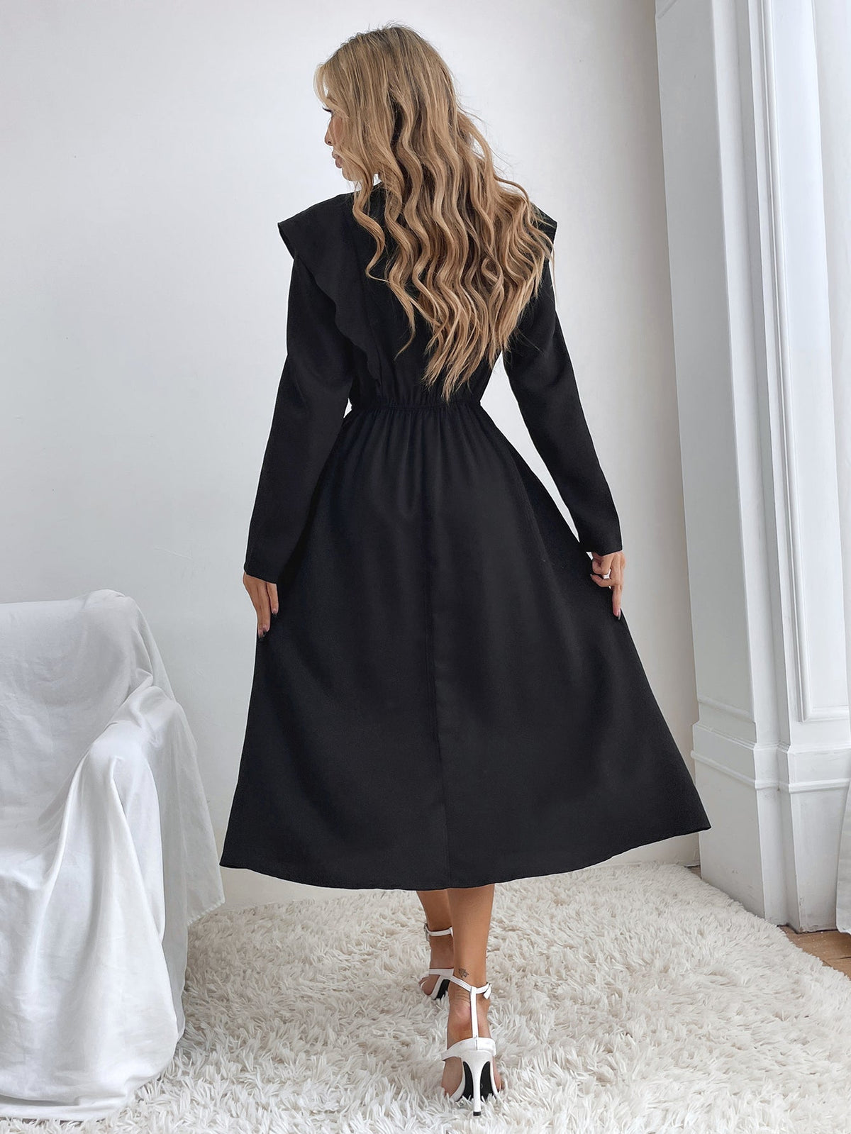 Ruffle Round Neck Long Sleeve A-Line Midi Dress