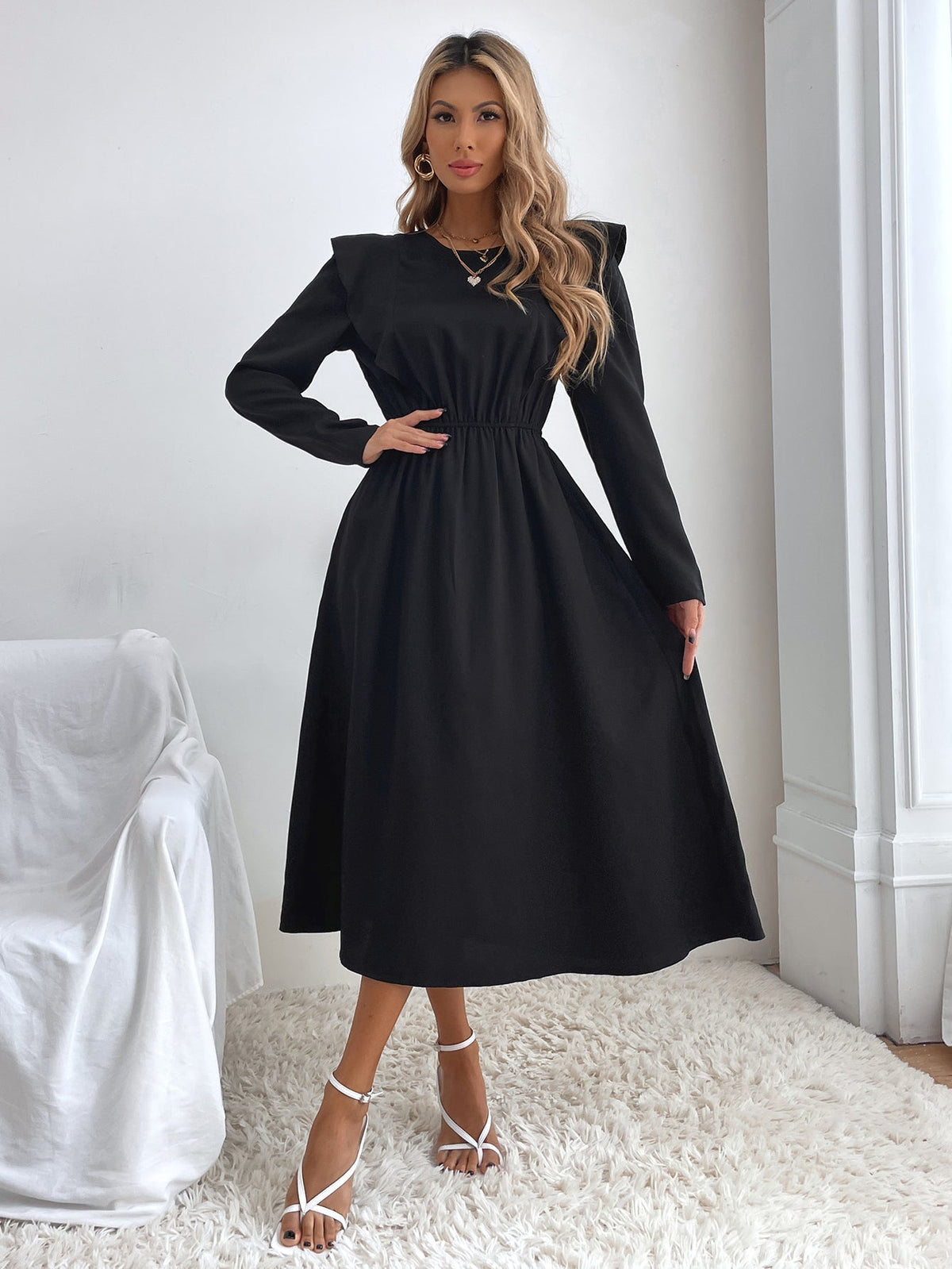 Ruffle Round Neck Long Sleeve A-Line Midi Dress
