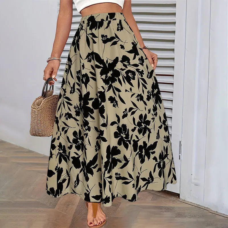Elastic Waist Flowers Printed Women's A-line Skirt Summer Elegant