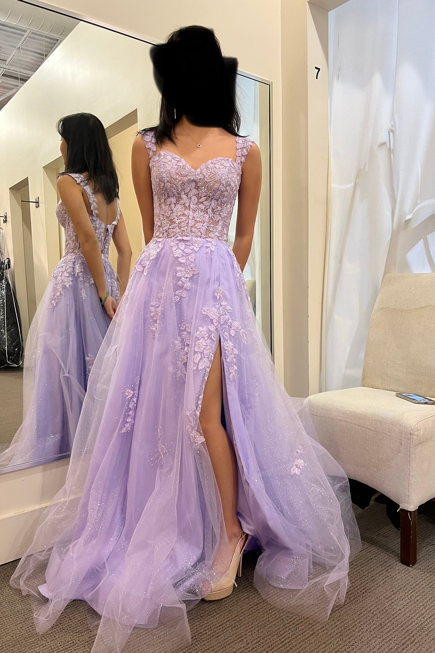Elegant Appliques Lace A-Line Tulle Floor-length Prom Evening Dresses With Side Slit