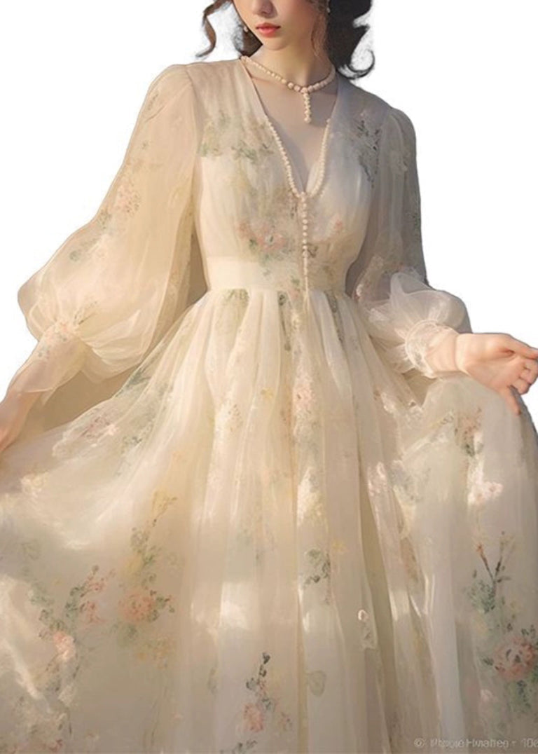 Elegant Beige V Neck High Waist Tulle Maxi Dresses Long Sleeve - View 5