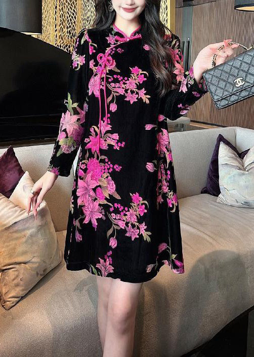 Velvet Floral Mandarin Collar Frog Button Long Sleeve Mini Dress - View 2