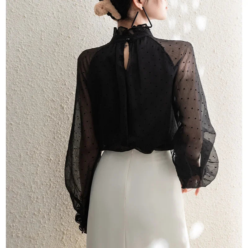 Polka Dot Chiffon Stand Collar Autumn Blouse