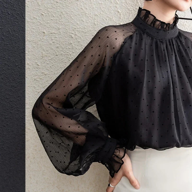 Polka Dot Chiffon Stand Collar Autumn Blouse