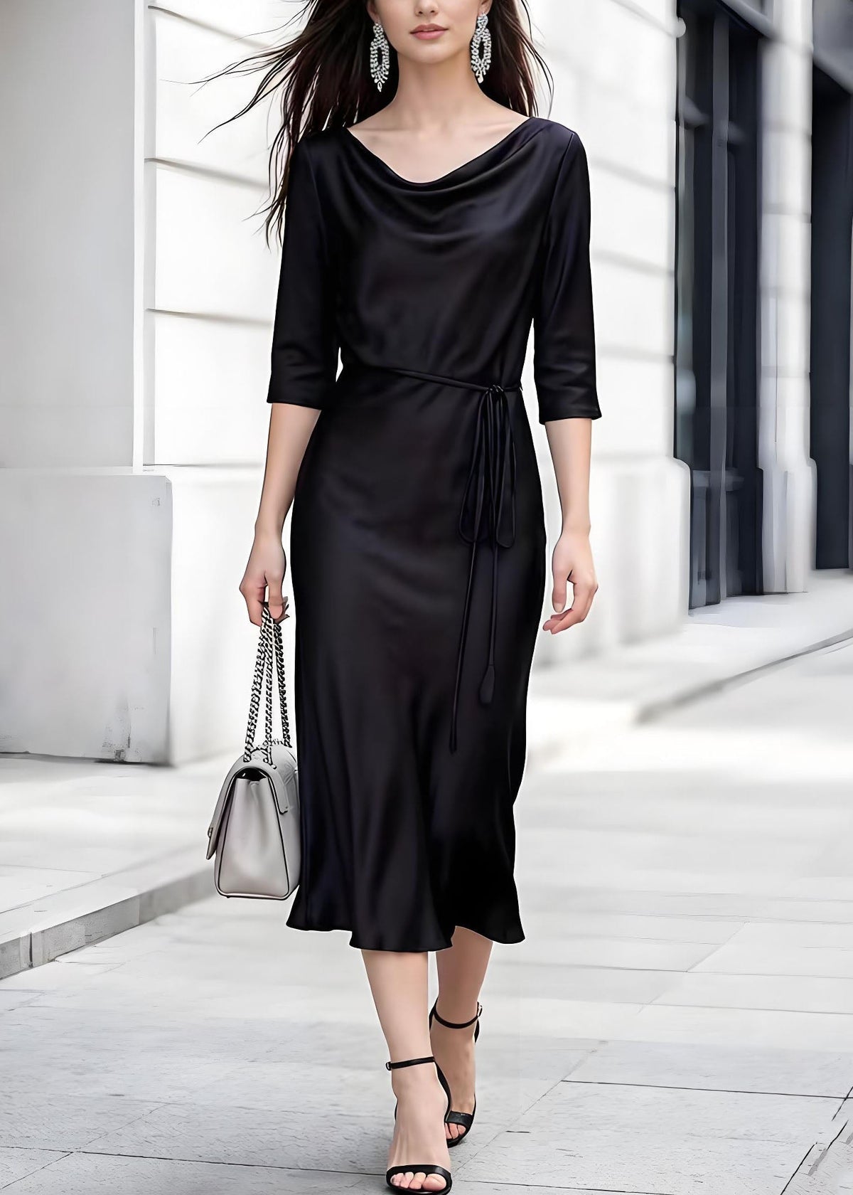 Satin Cowl Neck Three Quarter Sleeve Tie Waist Slip Midi Dress