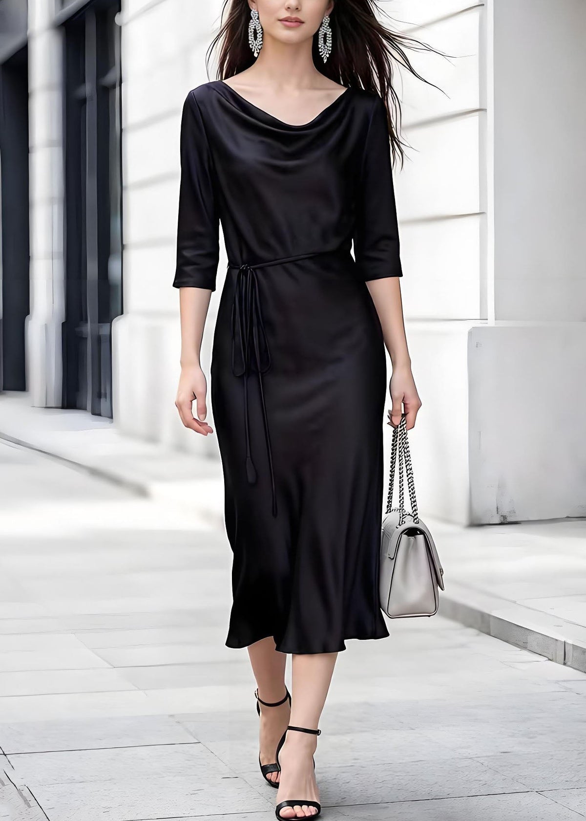 Satin Cowl Neck Three Quarter Sleeve Tie Waist Slip Midi Dress - View 3