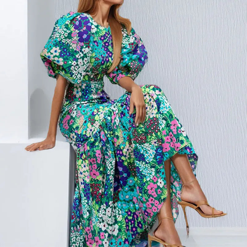 Elegant Blue Floral Lantern Sleeve Dress