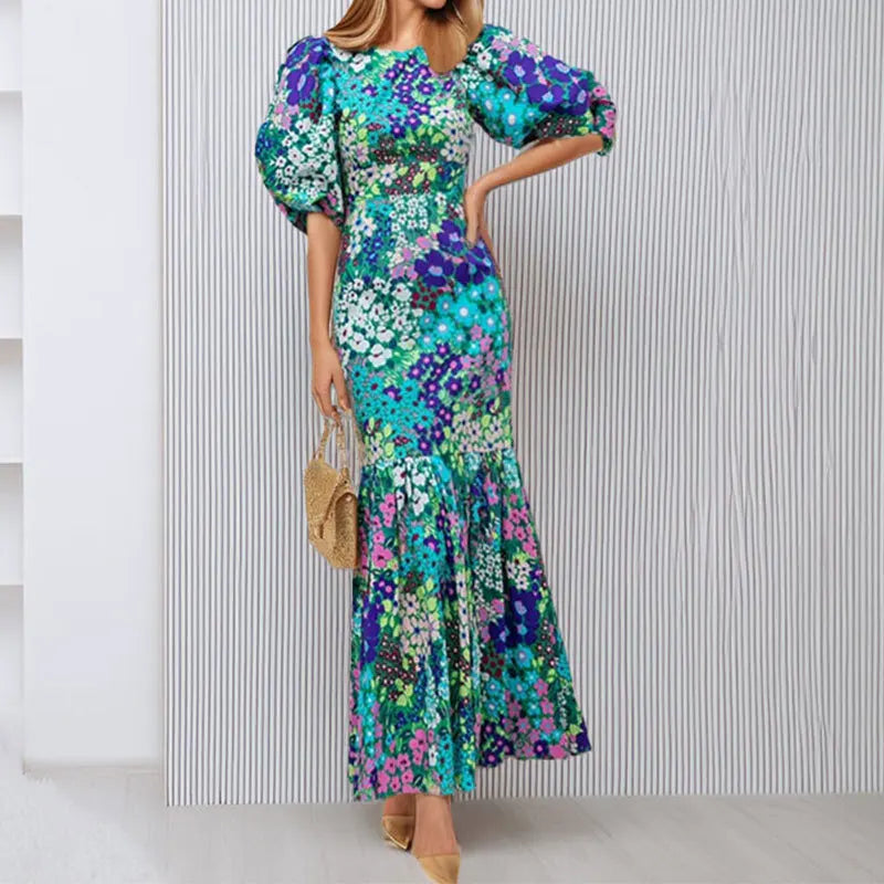 Elegant Blue Floral Lantern Sleeve Dress
