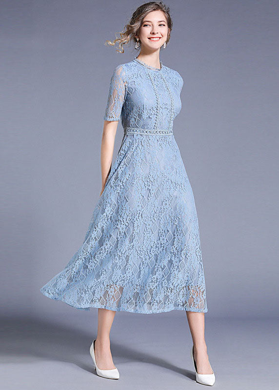 Lace Diamond Pattern Crew Neck Short Sleeve A-Line Midi Dress