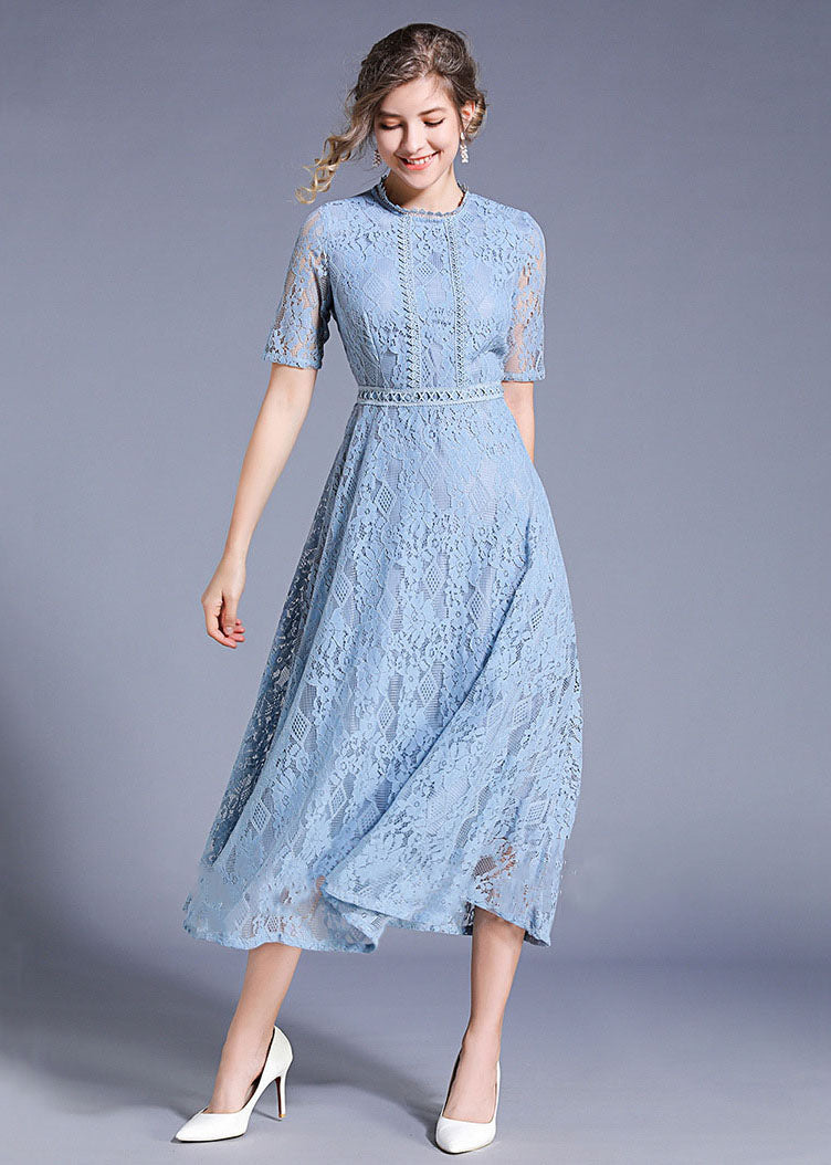 Lace Diamond Pattern Crew Neck Short Sleeve A-Line Midi Dress - View 2
