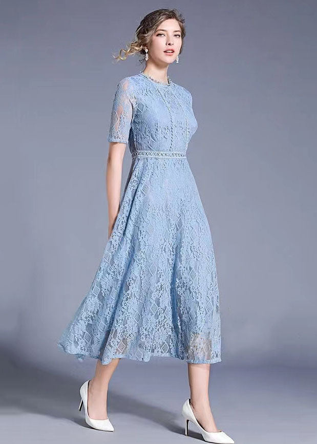 Lace Diamond Pattern Crew Neck Short Sleeve A-Line Midi Dress - View 3
