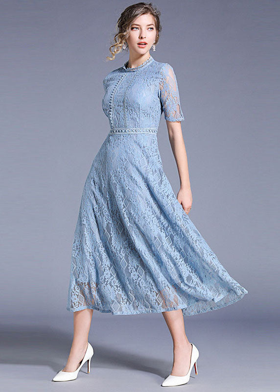 Lace Diamond Pattern Crew Neck Short Sleeve A-Line Midi Dress - View 4