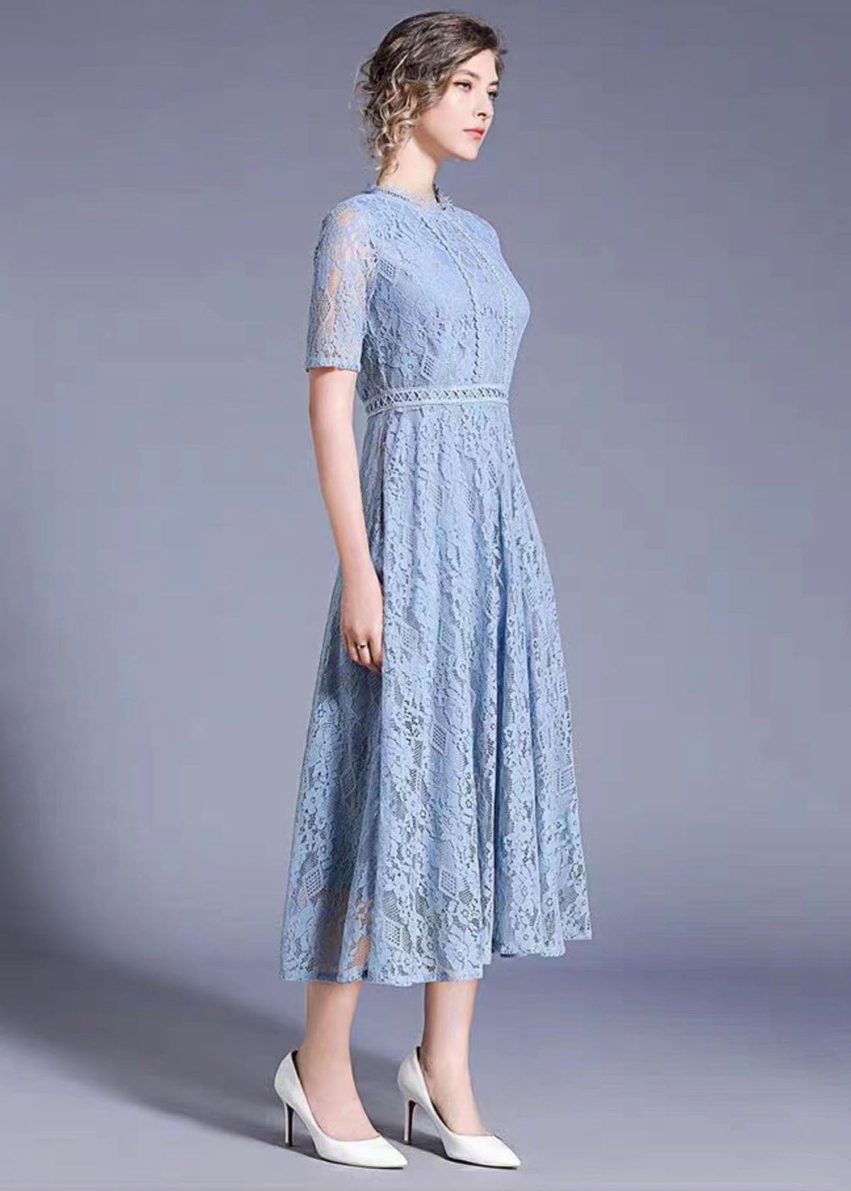 Lace Diamond Pattern Crew Neck Short Sleeve A-Line Midi Dress - View 5