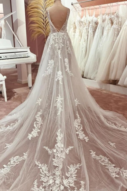 Elegant Boho V-neck A-line Spaghetti Straps Backless Bridal Dress with Lace - Fashionpara