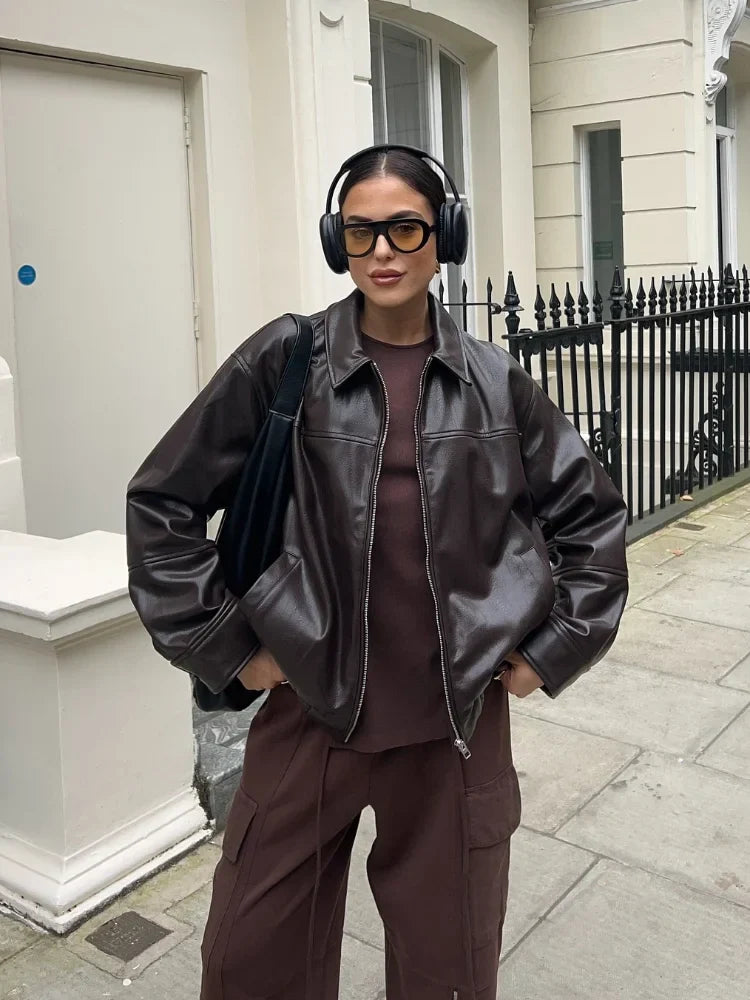 Brown Drawstring Tie Leather Coat