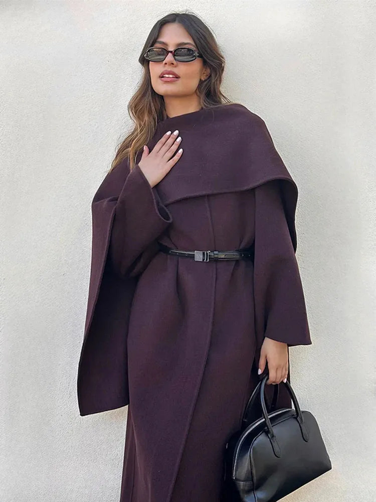 Burgundy Scarf Collar Woolen Coat
