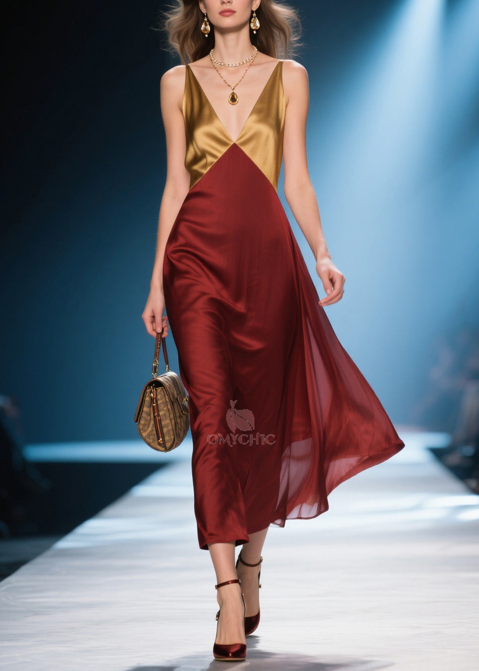 Satin Colorblock Deep V-Neck Spaghetti Strap Midi Dress