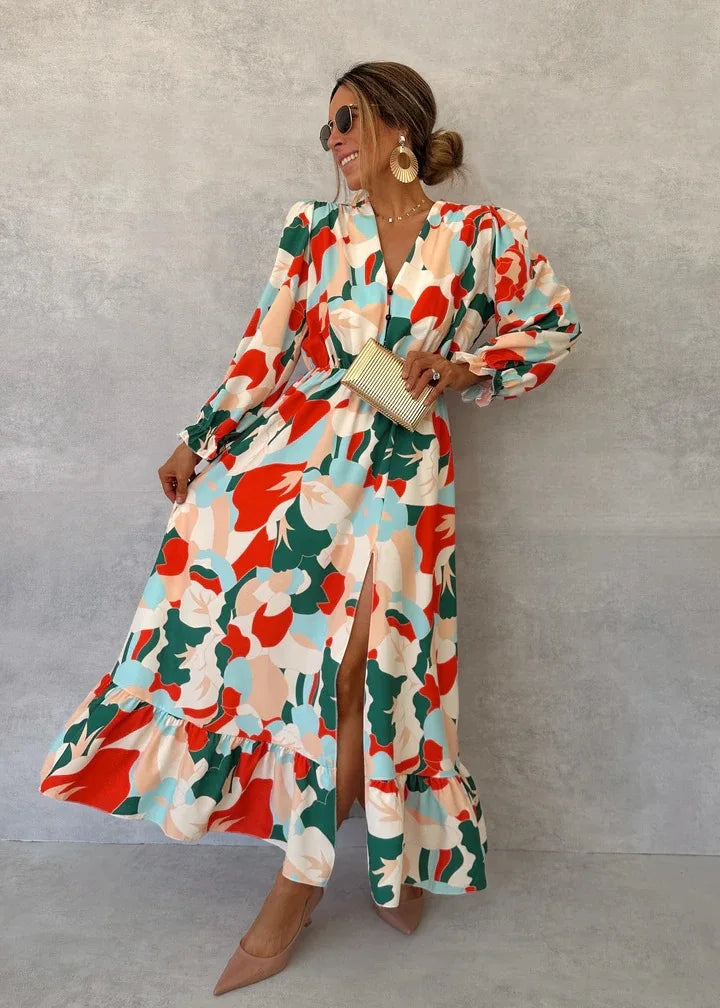 Elegant V-neck Printed Floral Dress