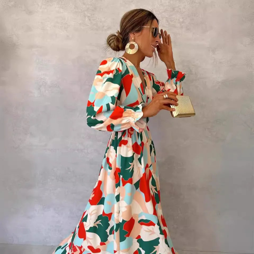 Elegant V-neck Printed Floral Dress