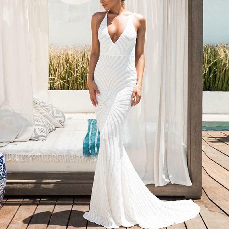 Sequin Deep V-Neck Halter Backless Mermaid Gown