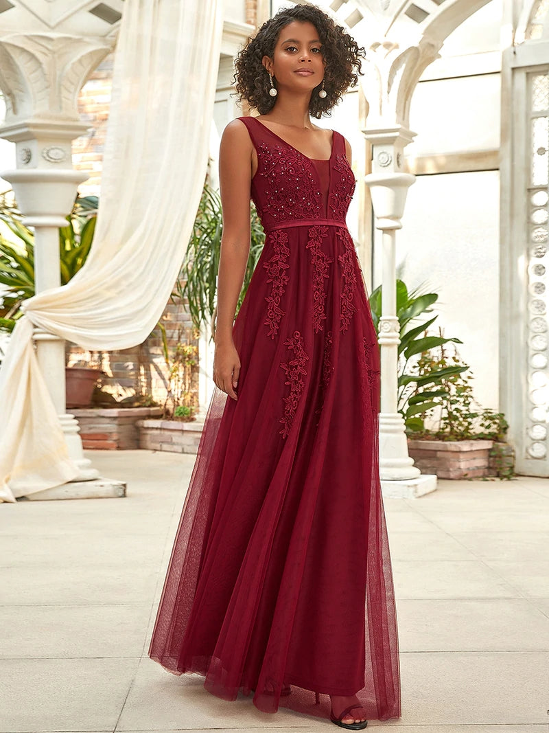 Long Lace Beading V-neck Sleeveless Backless Prom Dresses 12