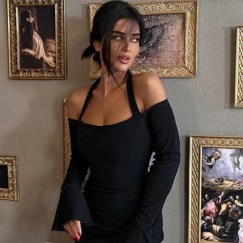 Halter Off-Shoulder Flare-Sleeve Side-Slit Bodycon Midi Dress 5