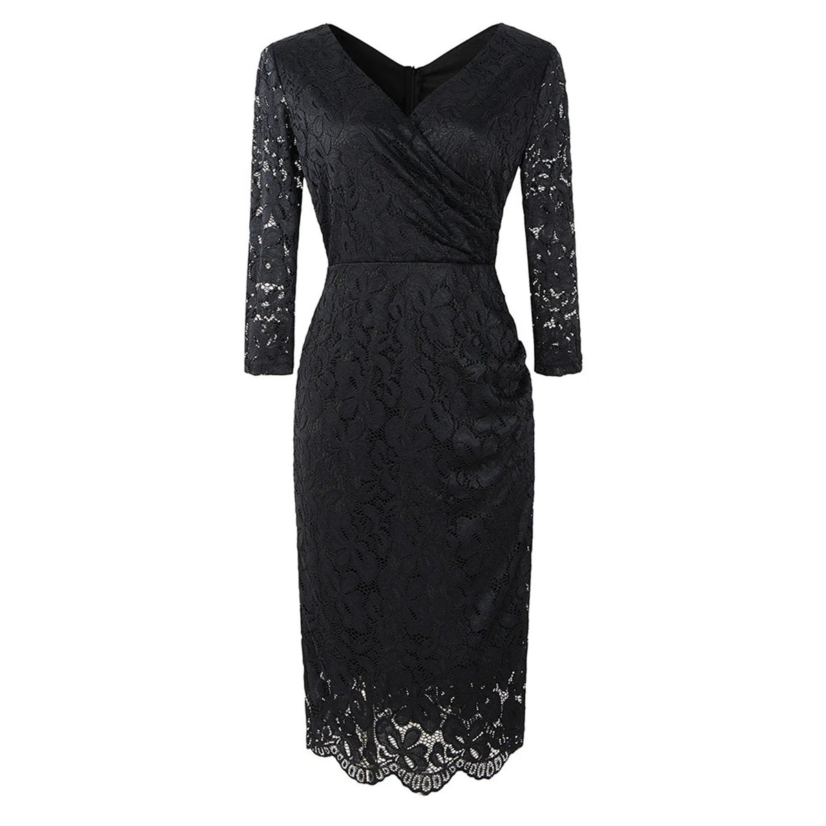 Lace V-Neck Long Sleeve Ruched Wrap Midi Dress