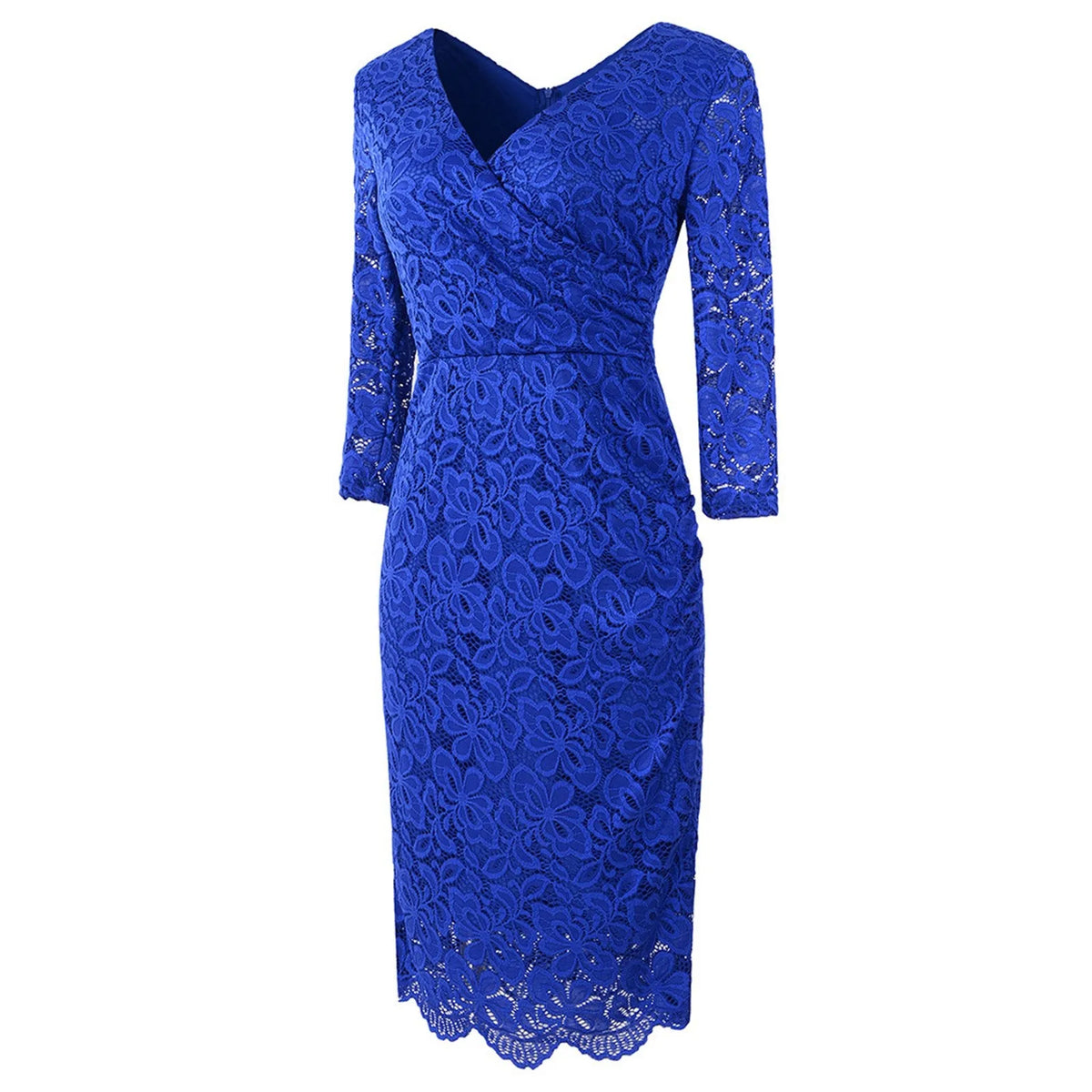 Lace V-Neck Long Sleeve Ruched Wrap Midi Dress - View 7