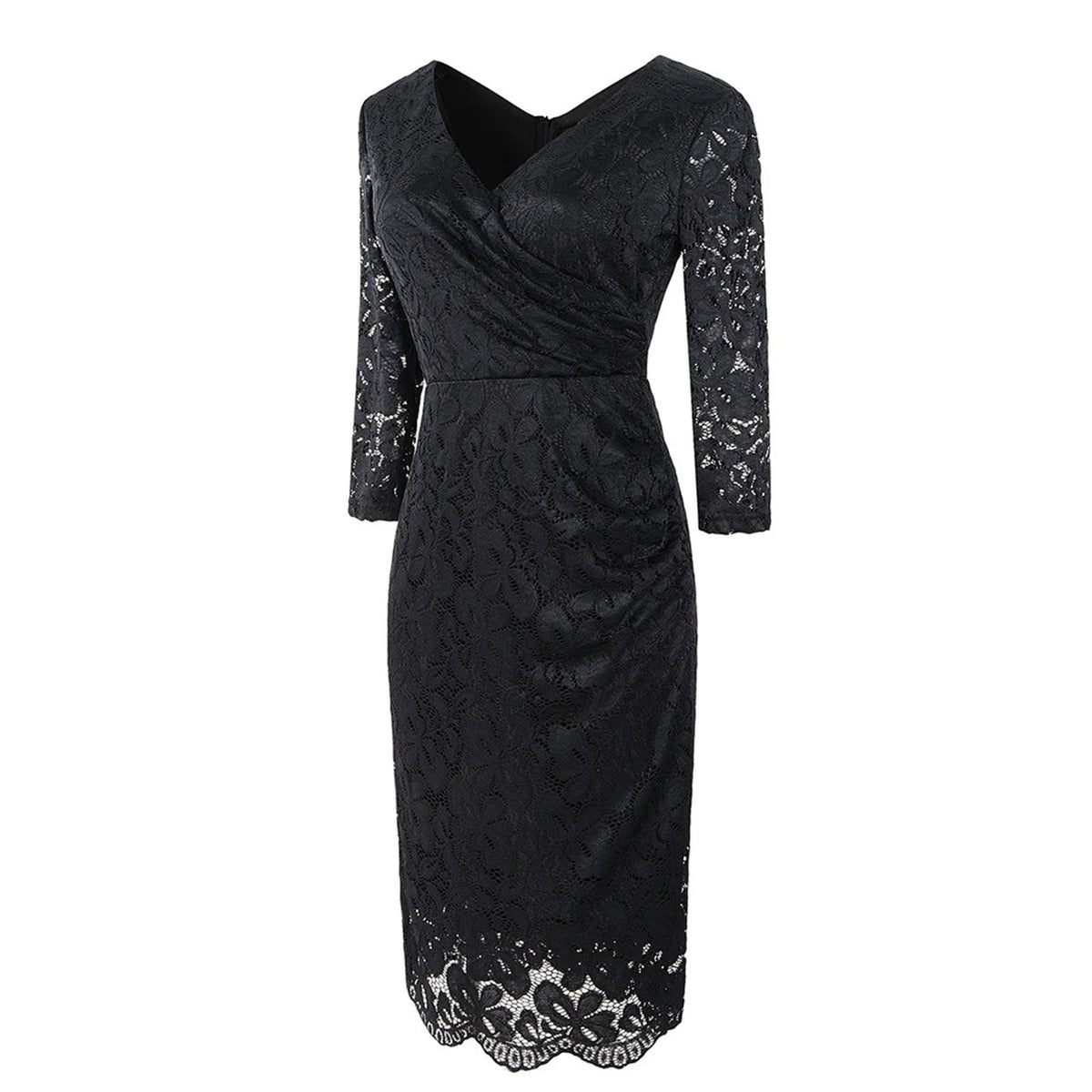 Lace V-Neck Long Sleeve Ruched Wrap Midi Dress - View 3