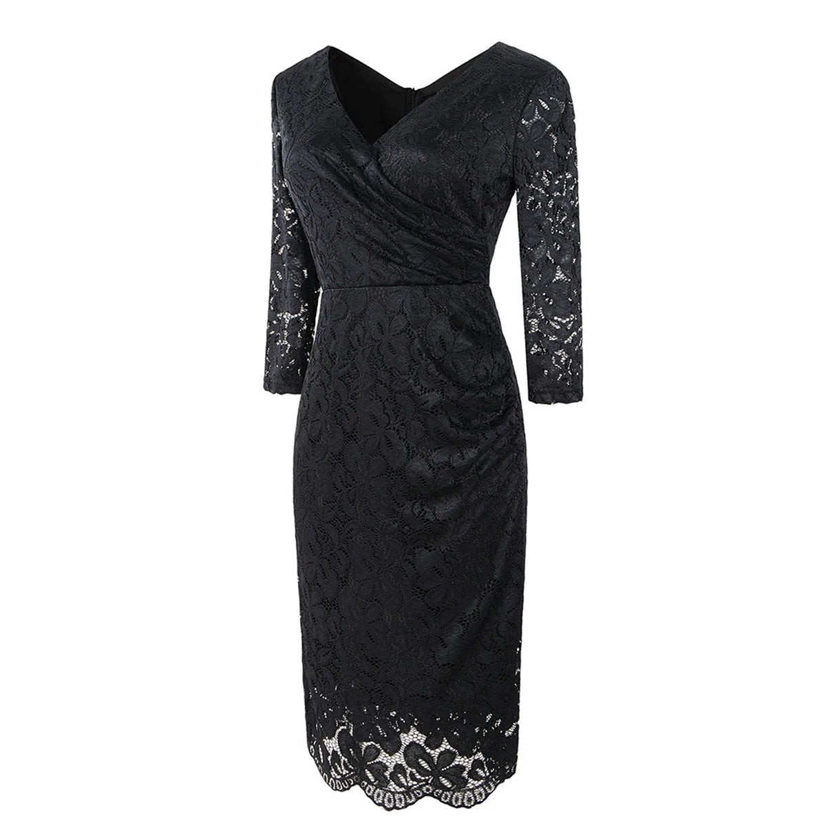 Lace V-Neck Long Sleeve Ruched Wrap Midi Dress - View 6