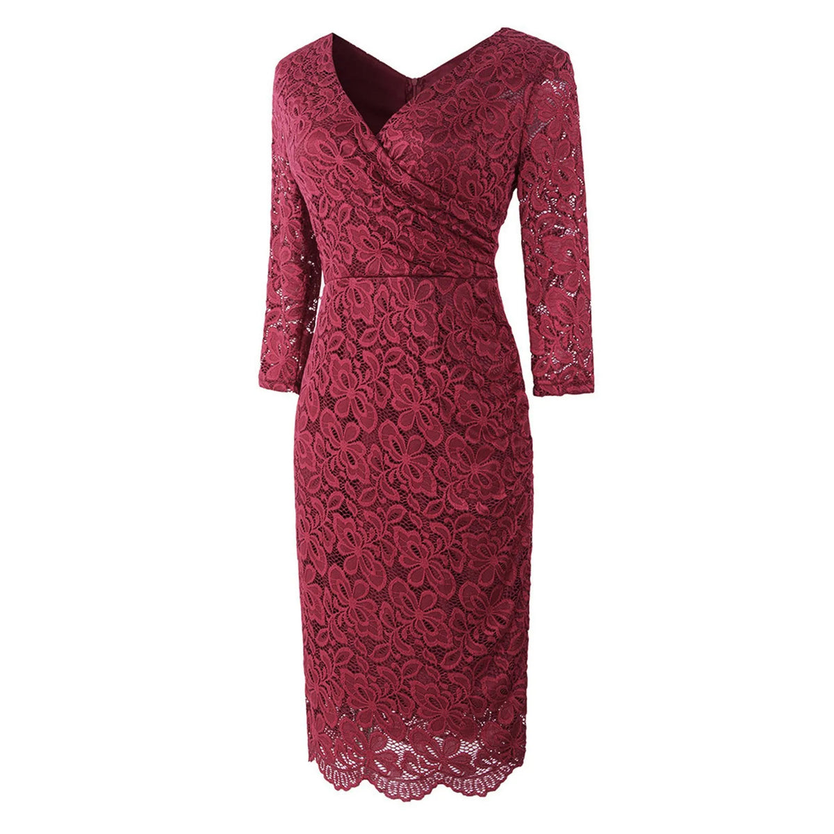 Lace V-Neck Long Sleeve Ruched Wrap Midi Dress - View 8