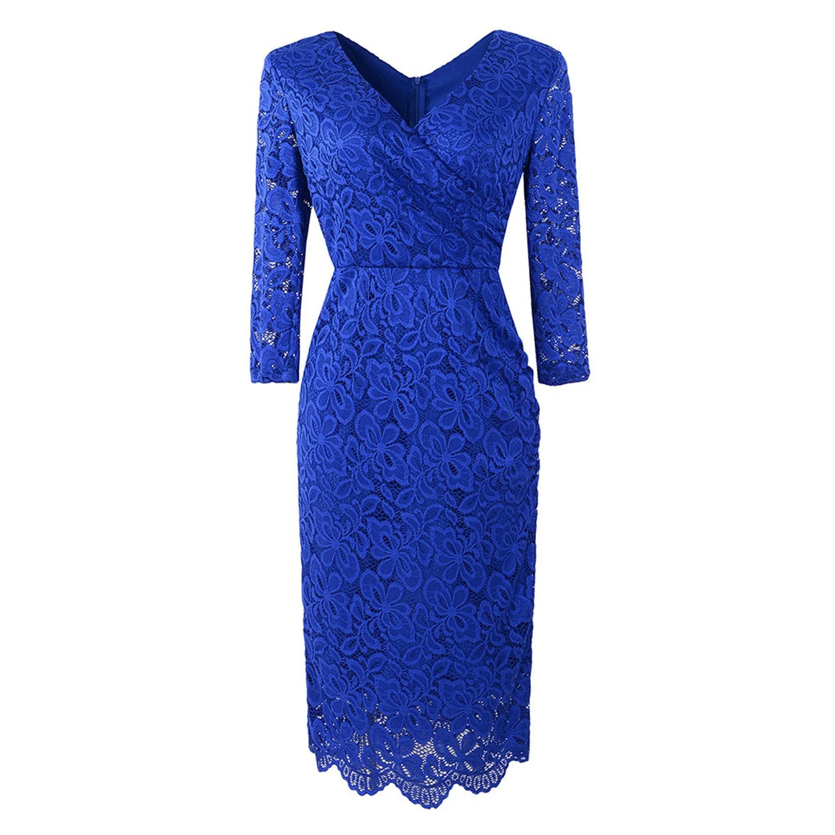 Lace V-Neck Long Sleeve Ruched Wrap Midi Dress - View 2