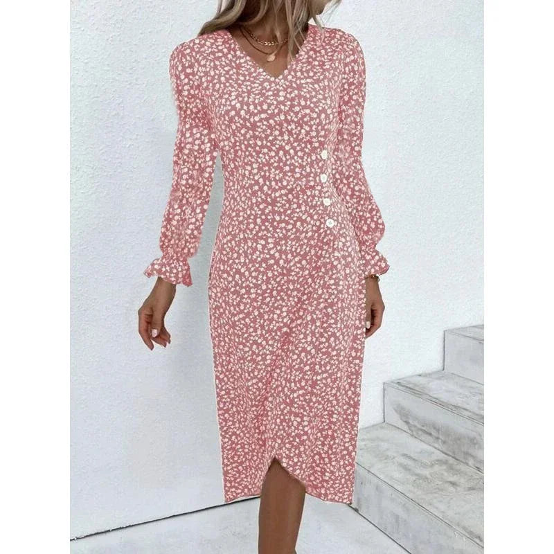 Elegant Floral Midi Puff Sleeve Ruched Waist Floral Dress