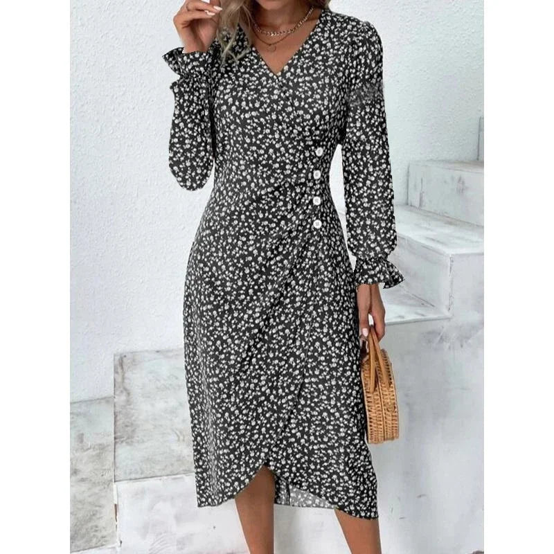 Elegant Floral Midi Puff Sleeve Ruched Waist Floral Dress