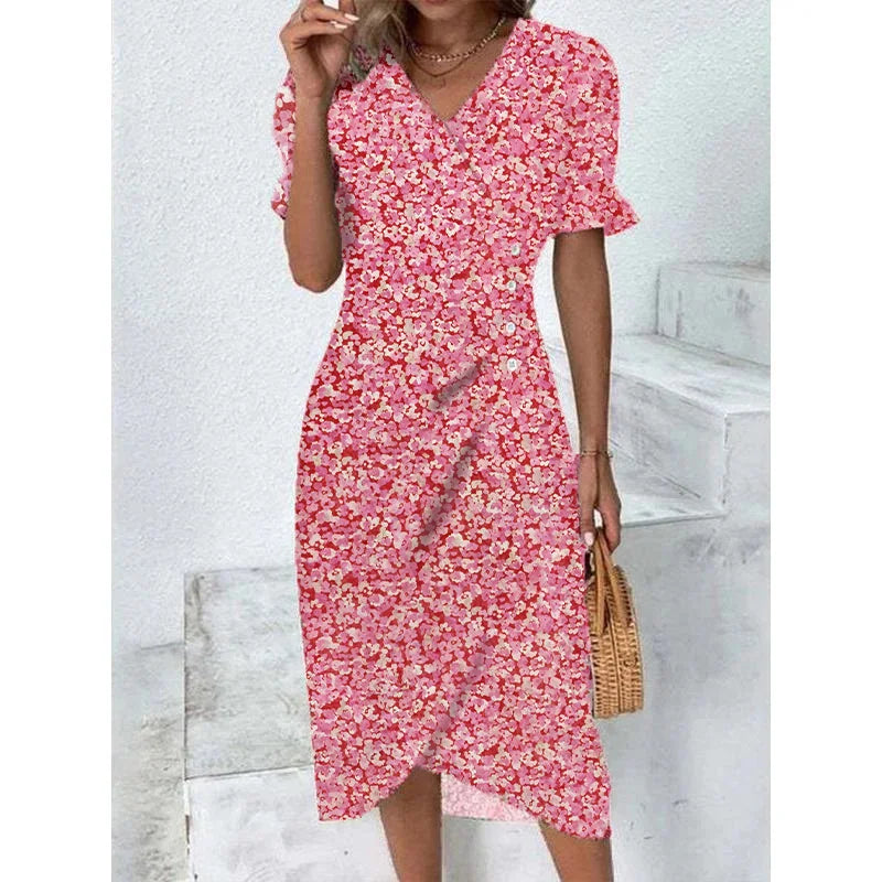 Elegant Floral Midi Puff Sleeve Ruched Waist Floral Dress